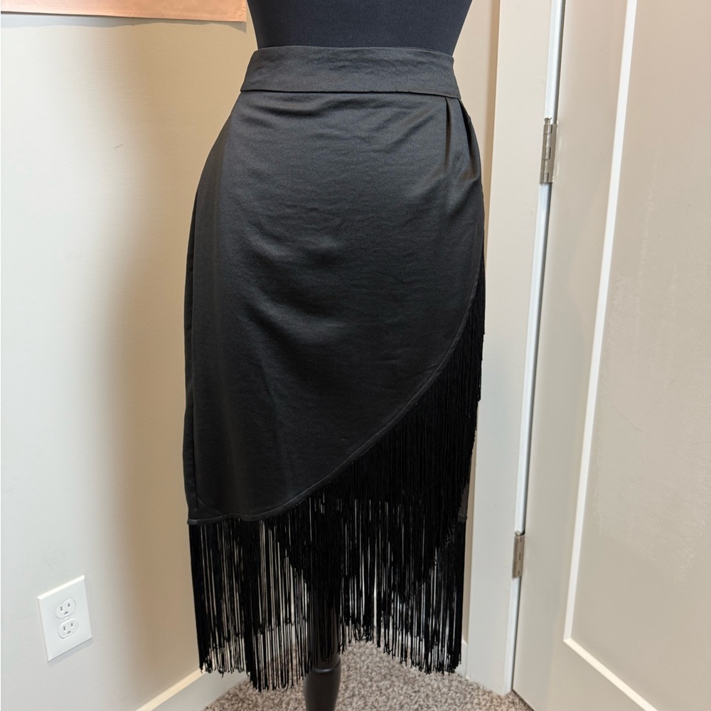 Black Asymmetrical Wrap Fringe Midi Skirt